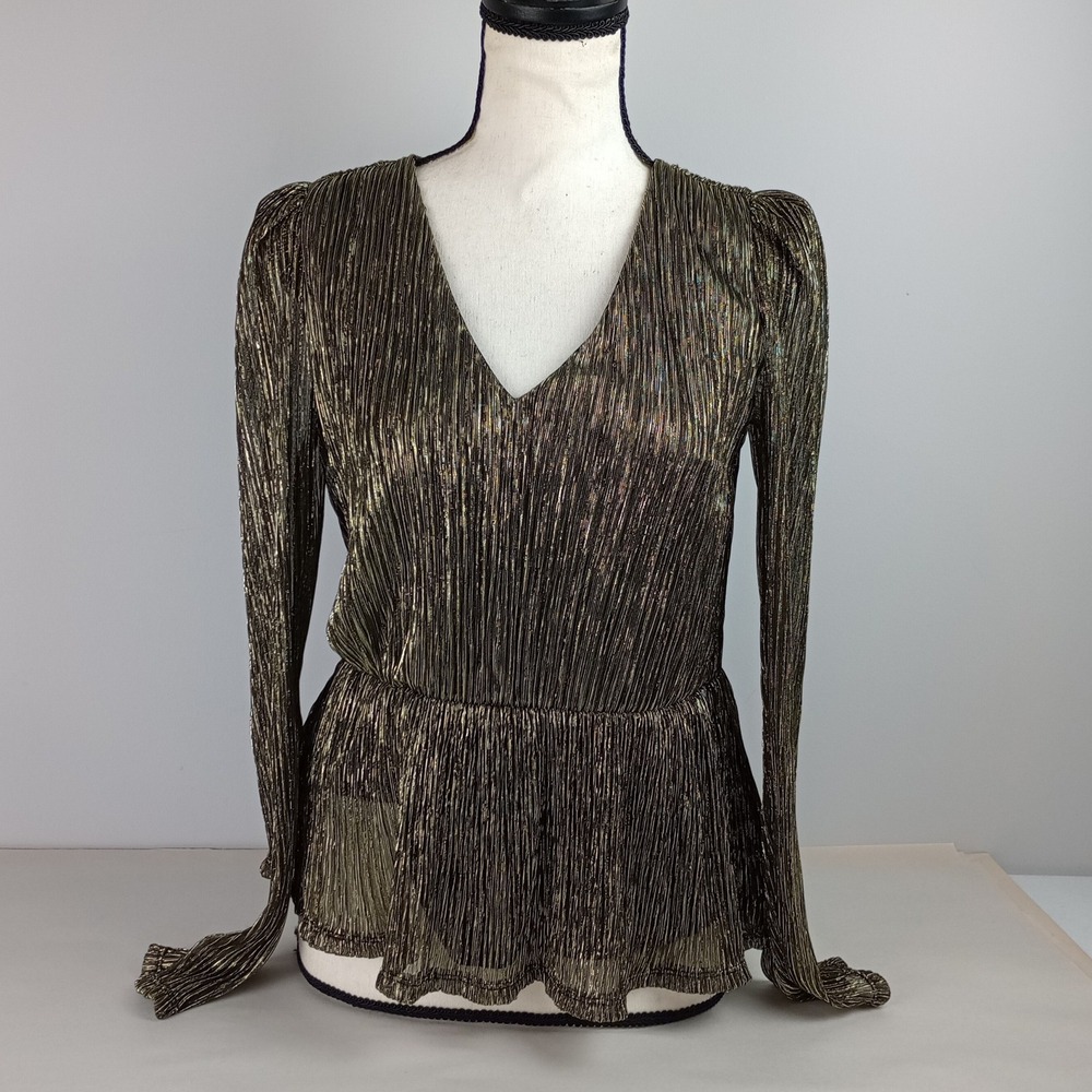Simply Vera Vera Wang Womens S Gold Metallic Pleated Vneck Peplum Top Blouse